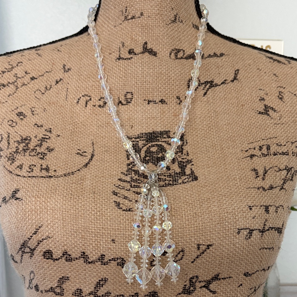 Stunning Vintage Ab Crystal Beaded Necklace With Tassel 14”